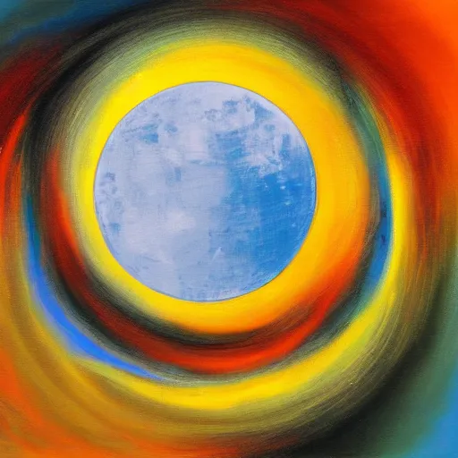 Prompt: abstract painting of the sun and the moon, whose lights entangle in surreal spirals