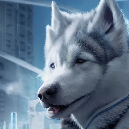 Image similar to /imagine prompt: white building barrack siberian anthro husky warrior with crusade armor and blue torus cyberpunk, cinematic light, cinematic epic ,octane 4k, 8k, detailed, ultra realistic, anime., centered