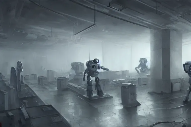 Image similar to gloomy ruined server room in datacenter painting concept art of half - body robot, artillery, pacing in server room, computers, motherboard, by pascal blanche rutkowski artstation detailed matte painting, 4 k resolution