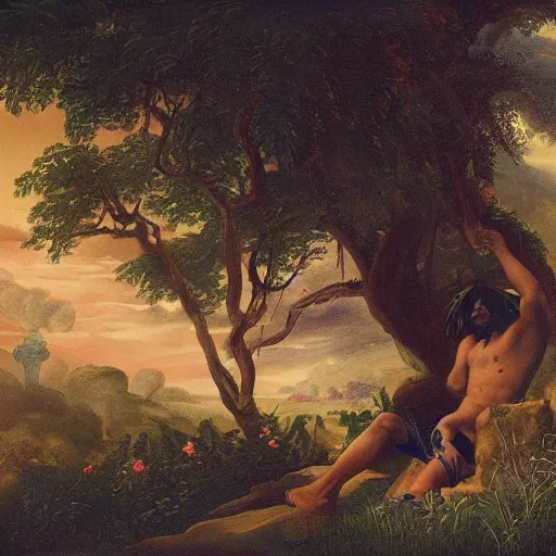 Prompt: chief keef in the garden of eden, landscape painting, beautiful, cinematic, wide shot