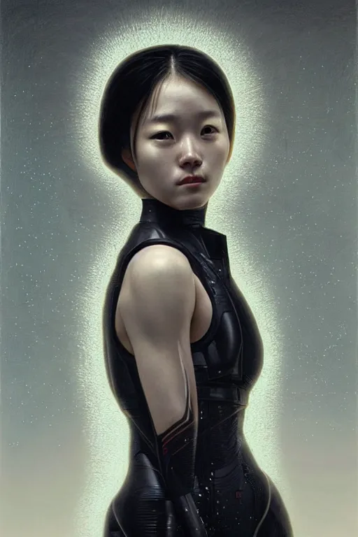 Prompt: portrait futuristic of hoyeon jung as airforce girl, inside future fighter, sci - fi, fantasy, intricate, very very beautiful, elegant, human anatomy, neon strip light, highly detailed, concept art, smooth, sharp focus, illustration, art by dino valls and nicola samori and james jean