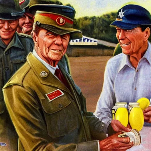 Prompt: Ronald Reagan selling lemonade in the Normandy beaches during D-day, photorealistic, ultra high detail