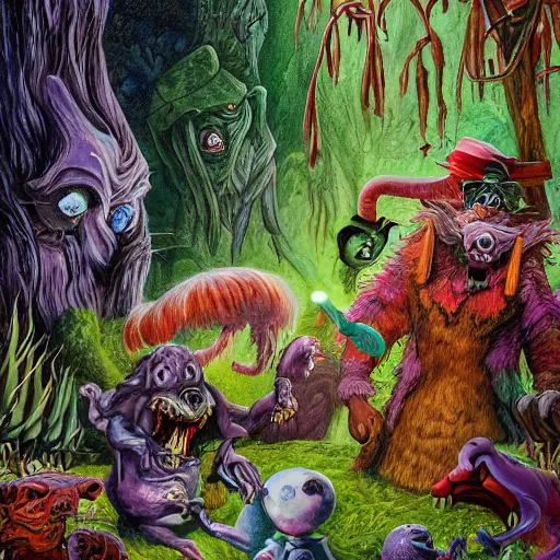 Image similar to a scene of colorful cartoon monsters in the clearing of a dark fantasy forest surrounded by darkness. hyperrealist illustration. muted colors. 1 9 7 0's pulp science fiction and fantasy cartoon for alice in wonderland and wizard of oz. highly detailed and richly colored painting by don ivan punchatz. trending on artstation