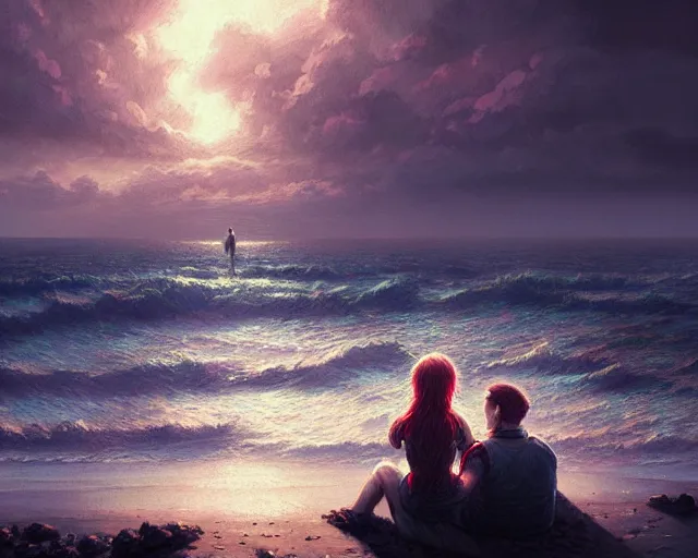 Prompt: couple sitting in front of the ocean, detailed intricate illustration, dark atmosphere, detailed illustration, hd, 4 k, digital art, overdetailed art, by greg rutkowski, by loish, complementing colors, trending on artstation, deviantart