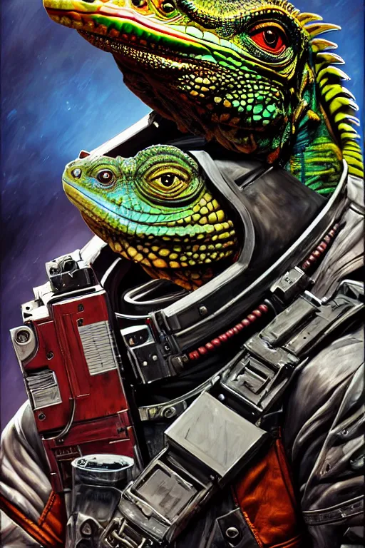 Prompt: a portrait of a muscular anthropomorphic cyberpunk iguana! in leather spacesuit armor with a large head by sandra chevrier, by jon foster, detailed render, pistol in holster, tape deck, epic composition, cybernetics, 4 k realistic, cryengine, realistic shaded lighting, sharp focus, masterpiece, by enki bilal