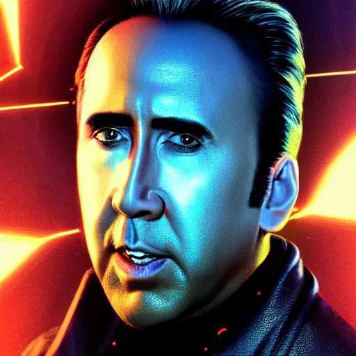 Image similar to Nicolas Cage is ultra fast blazing lasers, epic scenery, dramatic lights, dynamic laser beams, ultra realistic, hyperrealism, octane render, 8k, super sharp, crisp edges, smooth symmetrical face, golden ratio, 16k,