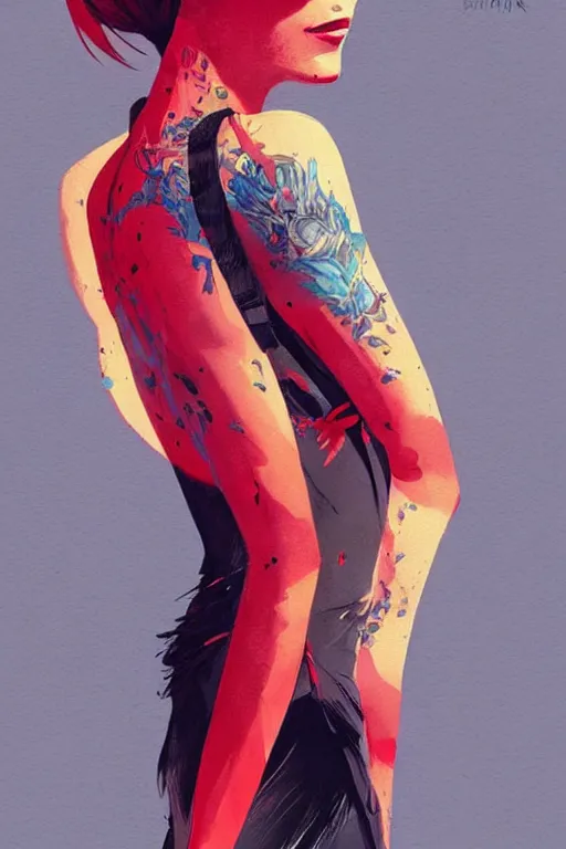 Image similar to a ultradetailed beautiful painting of a stylish female businesswoman, red tattoos, by conrad roset, red and black, greg rutkowski and makoto shinkai trending on artstation