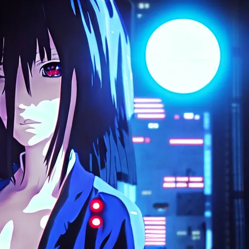 Image similar to anime cyberpunk movie still from the animatrix in the style of arcane : : small female android cyborg - angel, glowing red left eye and glowing blue right eye : : cinematic lighting, advanced digital cyberpunk art : : wlop, rossdraws sakimimichan, ilya kuvshinov, krenz cushart, greg rutkowski