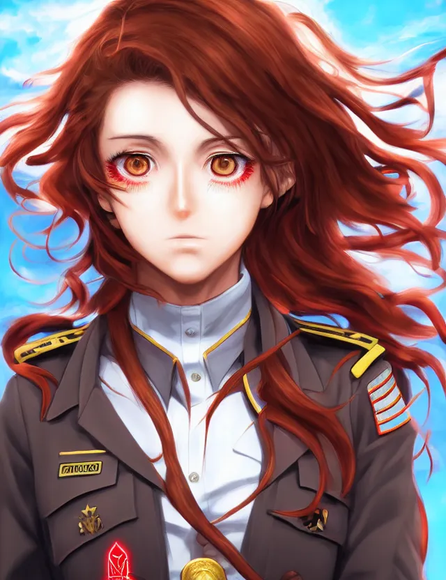 Image similar to a detailed manga portrait of a beautiful brown haired woman in a military uniform glowing with swirling red energy, trending on artstation, digital art, 4 k resolution, detailed, high quality, sharp focus, hq artwork, coherent, insane detail, character portrait