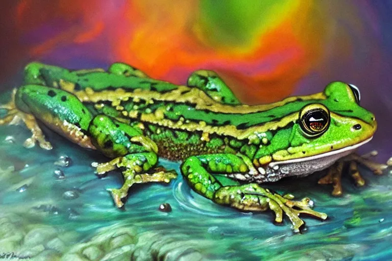 Image similar to highly detailed oil painting of a lizard frog ( ( mushroom ) ) in a steaming colorful hotspring, featured on artstation