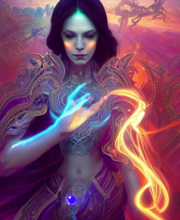 Image similar to a whirlwind of souls rushing inside the metaverse, half body, glowin eyes, tiara with sapphire, pharaoh, android, cyberpunk, d & d, fantasy, intricate, elegant, highly detailed, colorful, vivid color, digital painting, artstation, concept art, art by artgerm and greg rutkowski and alphonse mucha and ruan jia