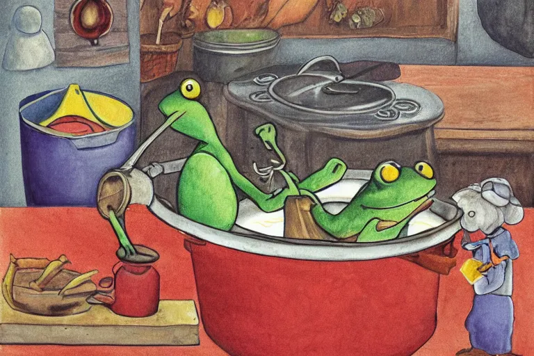 Prompt: frog cooking a pot of stew, folk art, childrens book illustration