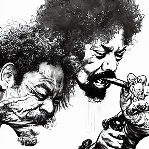 Prompt: portrait of cheech and chong smoking weed, smoke, concept art, sumi - e style, intricate linework, artstation, trending, highly detailed, smooth, focus, art by yoji shinkawa,