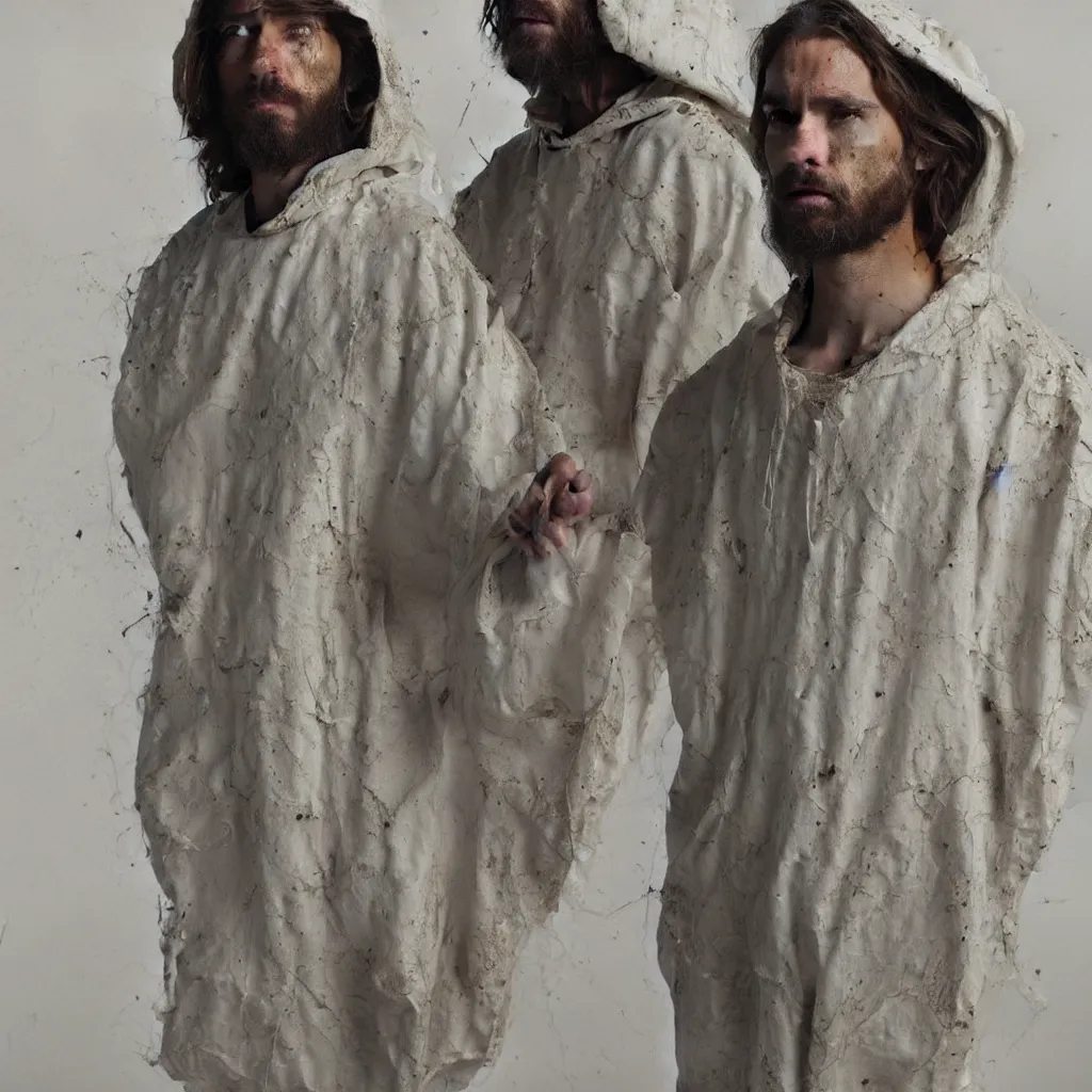 Image similar to a full body lookbook portrait of modern - day jesus wearing cream yeezy menswear collection by nicola samori, hat and hoodie, detailed, oil painting, hyper realistic, 8 k, yeezy collection