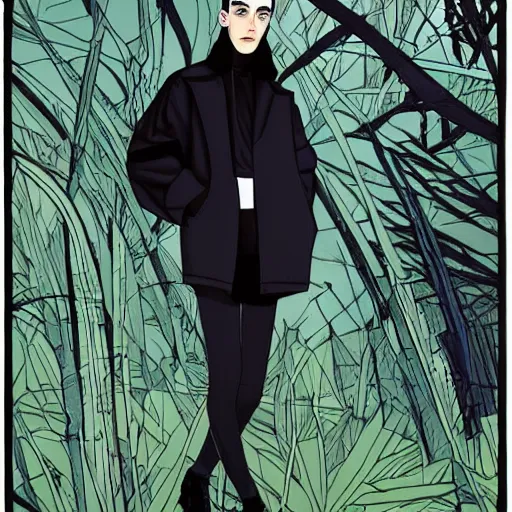 Prompt: skinny character with wearing black clothes against a backdrop of nature, an oversize coat in the style of yohji, balenciaga, dark palette, by matt bors
