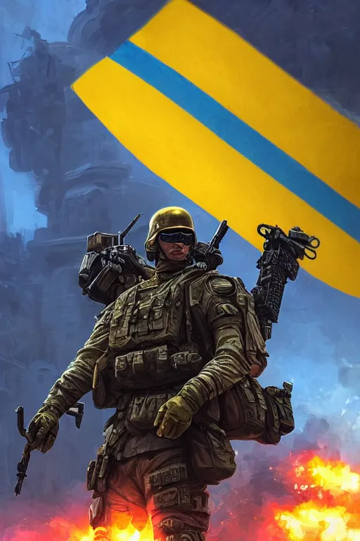 Prompt: a cinematic shot of a special forces unit with ukrainian blue yellow flag and standing ready to fight, masculine figure, d & d, fantasy, bright atmosphere, volumetric lights, intricate, elegant, extremely detailed, digital painting, artstation, concept art, matte, smooth, sharp focus, hyper realistic, illustration, art by artgerm and greg rutkowski and alphonse mucha