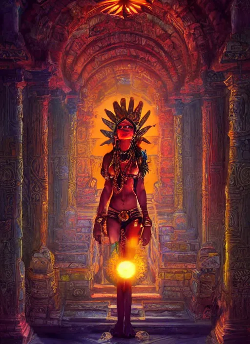 Prompt: aztec sun goddess in a temple, vivid colors, dark shadows, contrast, concept art, sharp focus, digital art, Hyper-realistic, 4K, Unreal Engine, Highly Detailed, Dramatic Lighting, Beautiful, by Brom, bastien lecouffe-deharme