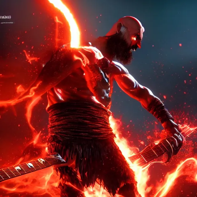 Image similar to glowing demon eyes kratos shredding on a flaming stratocaster guitar, cinematic render, god of war 2 0 1 8, santa monica studio official media, flaming eyes, lightning