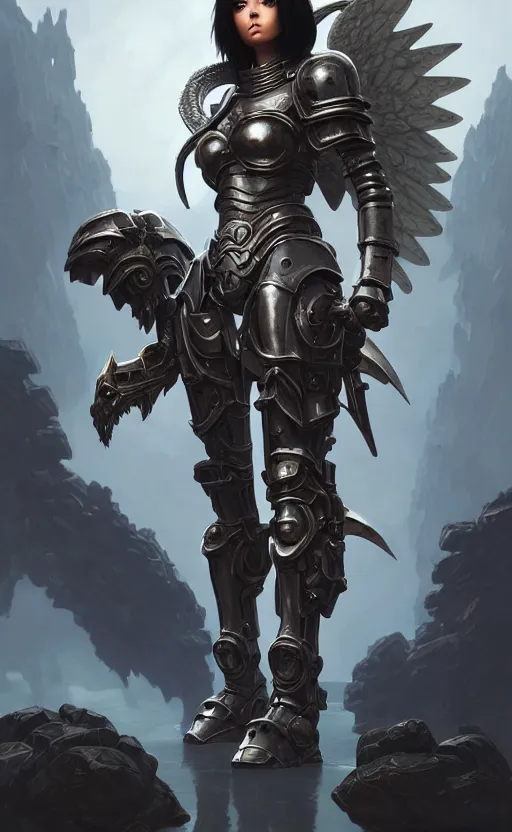 Image similar to battle angel, full armor, full body portrait, gentle, female, dark ruins landscape, d & d, fantasy, intricate, elegant, highly detailed, digital painting, white gold color palette, artstation, octane render, concept art, matte, sharp focus, illustration, hearthstone, art by artgerm and greg rutkowski and alphonse mucha