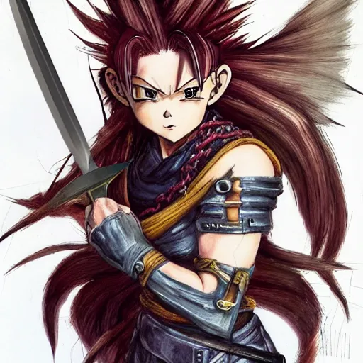 Prompt: realistic art style, saiyan girl, wild spiky red hair, long spiky hair, electrified hair, holding scimitar made of bone, scimitar, sword, jagged sword, curved sword, orkish sword, colorized, gray skin, hyper - detailed, primeval fantasy, prehistoric fantasy, drawn by frank frazetta