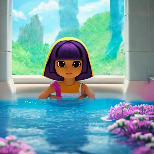 Prompt: dora the explorer in japanese bath house with towel on her head, masterpiece 4k, highly detailed, trending on artstation, award winning,