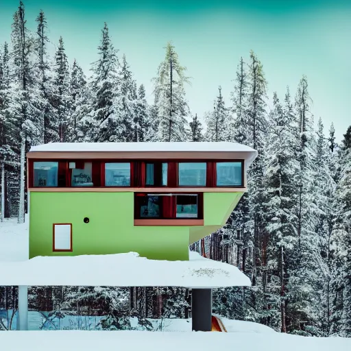 Image similar to wes anderson style modern futuristic house near the lake, snowy mountains and green forest, cinematic, realism, photo, detailed