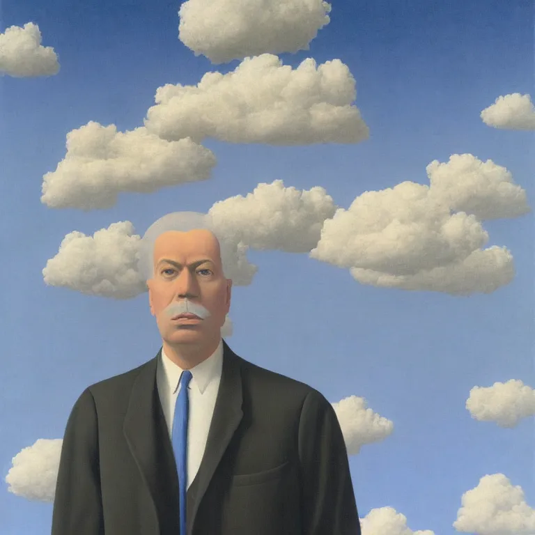 Image similar to portrait of a man made out of clouds in a suit, by rene magritte, detailed painting, hd, hq, high resolution, high detail, 4 k, 8 k