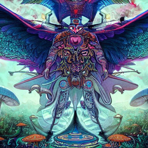 Image similar to A centered chest up portrait of a psychedelic godlike mothman with giant mandala wings smoking a hand-rolled cigarette smoking heavily , magic mushroom village in background , award winning. superb resolution. in the art style of junji Ito and greg rutkowski . Detailed Mushroom city in background. Hyper realistic anime. Perfect art. Dalle2