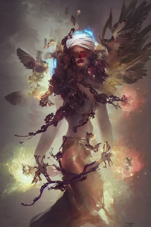 Image similar to beautiful girl necromancer, witch - doctor exploding into flowers, angels, 3 d render, hyper - realistic detailed portrait, holding electricity and birds, ruan jia, wlop. scifi, fantasy, hyper detailed, octane render, concept art, peter mohrbacher