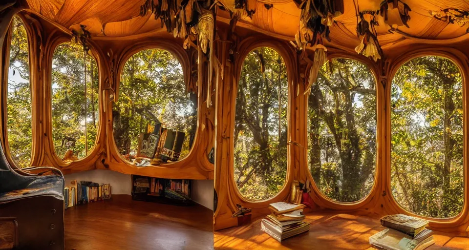 Prompt: A scene from a 2022 fantasy film featuring a cozy art nouveau reading nook inside a treehouse. Disorganized books. Golden Hour. 8K UHD.