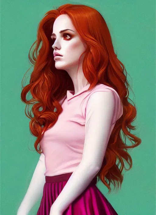 Image similar to full body portrait of teenage cheryl blossom, bangs, green eyes, sultry expression, red hair, sultry smirk, bangs and wavy hair, pink skirt, bangs, intricate, elegant, glowing lights, highly detailed, digital painting, artstation, concept art, smooth, sharp focus, illustration, art by wlop, mars ravelo and greg rutkowski