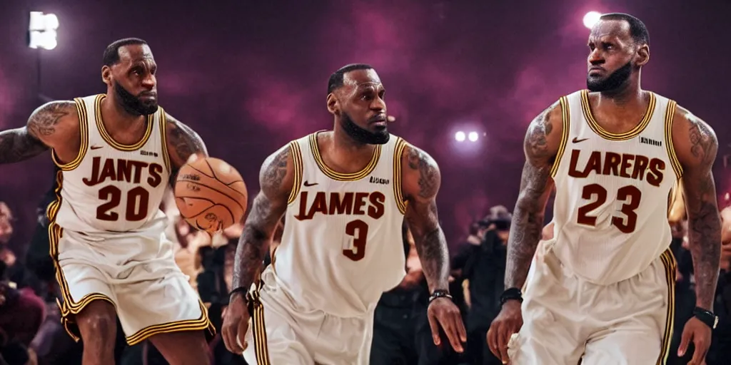 Prompt: leonardo dicaprio as lebron james in'james'( 2 0 2 4 ), movie still frame, oscar nominated cinematography, volumetric lighting, 8 k resolution, beautiful composition