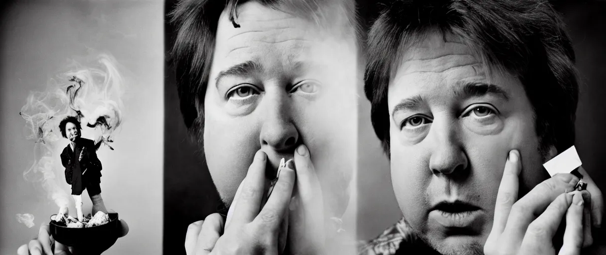 Image similar to award winning photo of BILL HICKS finds a treasure in an apartment smoking, vivid colors, happy, symmetrical face, beautiful eyes, studio lighting, wide shot art by Sally Mann & Arnold Newman