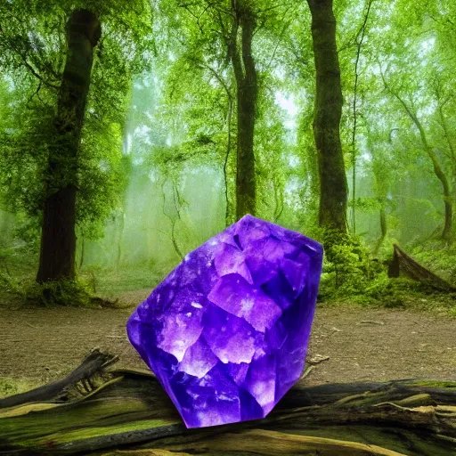 Prompt: giant amethyst crystal in a clearing in a fairytale enchanted woodland, starry moonlit sky, ethereal, david attenborough nature documentry footage, ultra high definition, 8 k