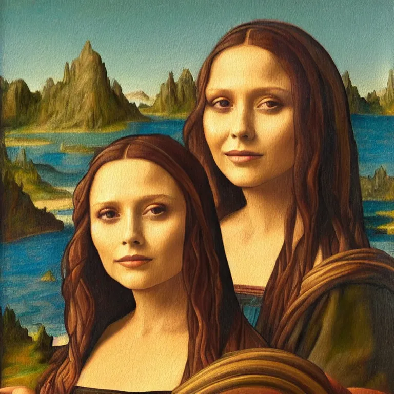 Image similar to An oil painting portrait of Elizabeth Olsen in the style of the Mona Lisa, by Leonardo da Vinci, trending on arstation