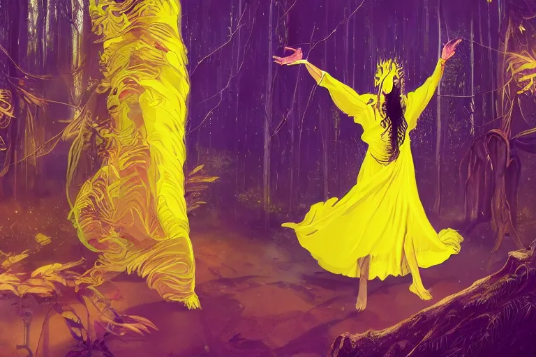 Image similar to A hyper realistic movie still of young woman in a yellow dress as a sorcerer dancing in with spirits in a mystical forest of an exotic world, by Chiara Bautisya, annihilation movie, blade runner movie, in style of Laurie Greasley, Jen Bartel, Background by Tarmo Juhola, kowloon, cinematography Roger Deakins,