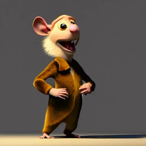 Prompt: an anthropomorphic rat, by pixar, 3 d, sad, lonely, moody lighting, wearing gold jewellery, wearing a fur coat, wearing a fur coat