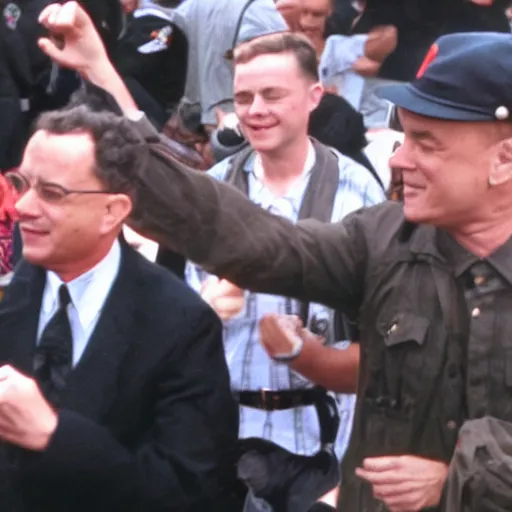 Prompt: tom hanks dancing at a nazi rally