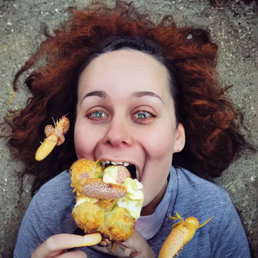 Image similar to portrait of very happy Rhianna eating gigantic bugs,