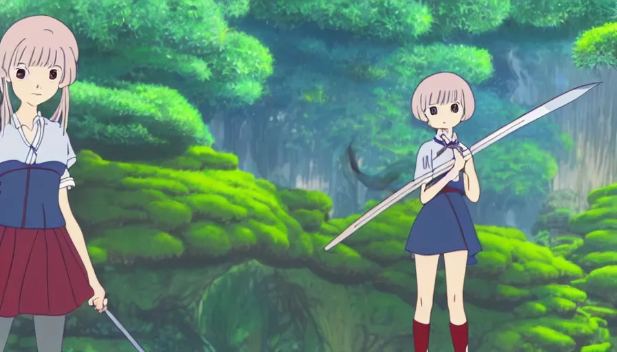 Prompt: 8 k screencap of a girl with a sword on a jardim botanico anime, by hayao miyazaki, studio ghibli, curitiba background extremely high quality artwork