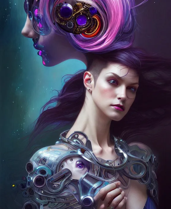 Image similar to a whirlwind of souls rushing inside the metaverse, half body, jewelry, fashionable haircut, android, cyborg, cyberpunk face, by loish, d & d, fantasy, intricate, elegant, highly detailed, colorful, vivid color, digital painting, artstation, concept art, art by artgerm and greg rutkowski and alphonse mucha