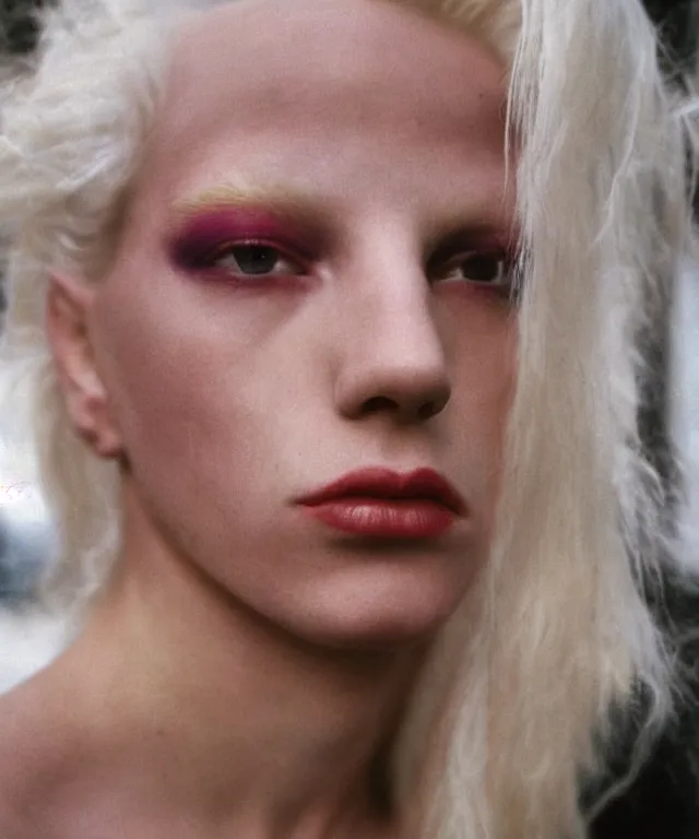 Image similar to a color photograph of a non binary model, platinum blonde, by nan goldin, intense, bold, hyperrealistic, ultra sharp, extra details, ultra high quality, trending on pinteresst