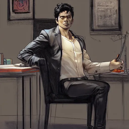 Prompt: a beautiful artwork of a young male scientist with black hair sitting on a chair at a desk by Jerome Opeña, featured on artstation