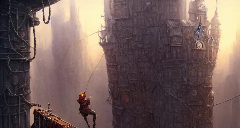 Image similar to landscape painting of a hooded thief in leathers using a rope to climb a tall metal steampunk buildings with a fantasy city, fine details, andreas rocha, magali villeneuve, artgerm, rutkowski