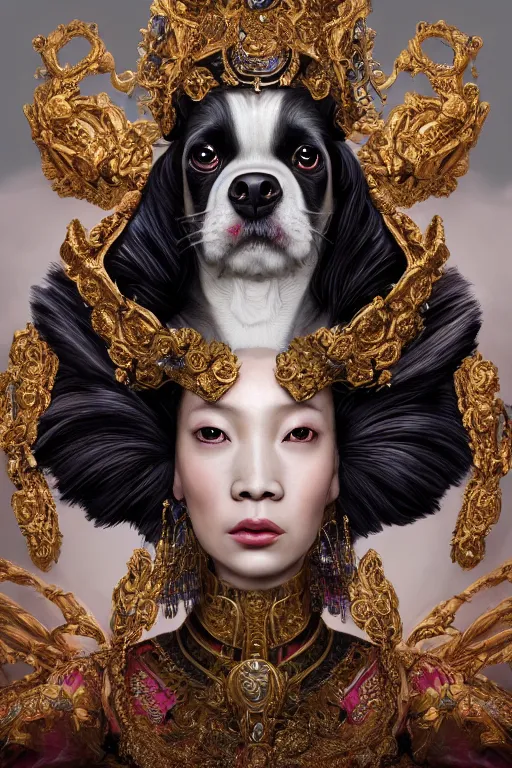 Image similar to a beautiful empress portrait, with a brilliant, impossible striking big Puppy headpiece, clothes made of puppies, everything puppies, symmetrical, dramatic studio lighting, rococo, baroque, asian, hyperrealism, closeup, D&D, fantasy, intricate, elegant, highly detailed, digital painting, artstation, octane render, 8k, concept art, matte, sharp focus, illustration, art by Artgerm and Greg Rutkowski and Alphonse Mucha