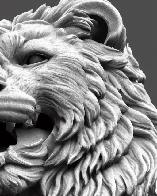 Prompt: a marble statue of a roaring lion, hyper realistic, 4 k, grainy marble, hyper detailed