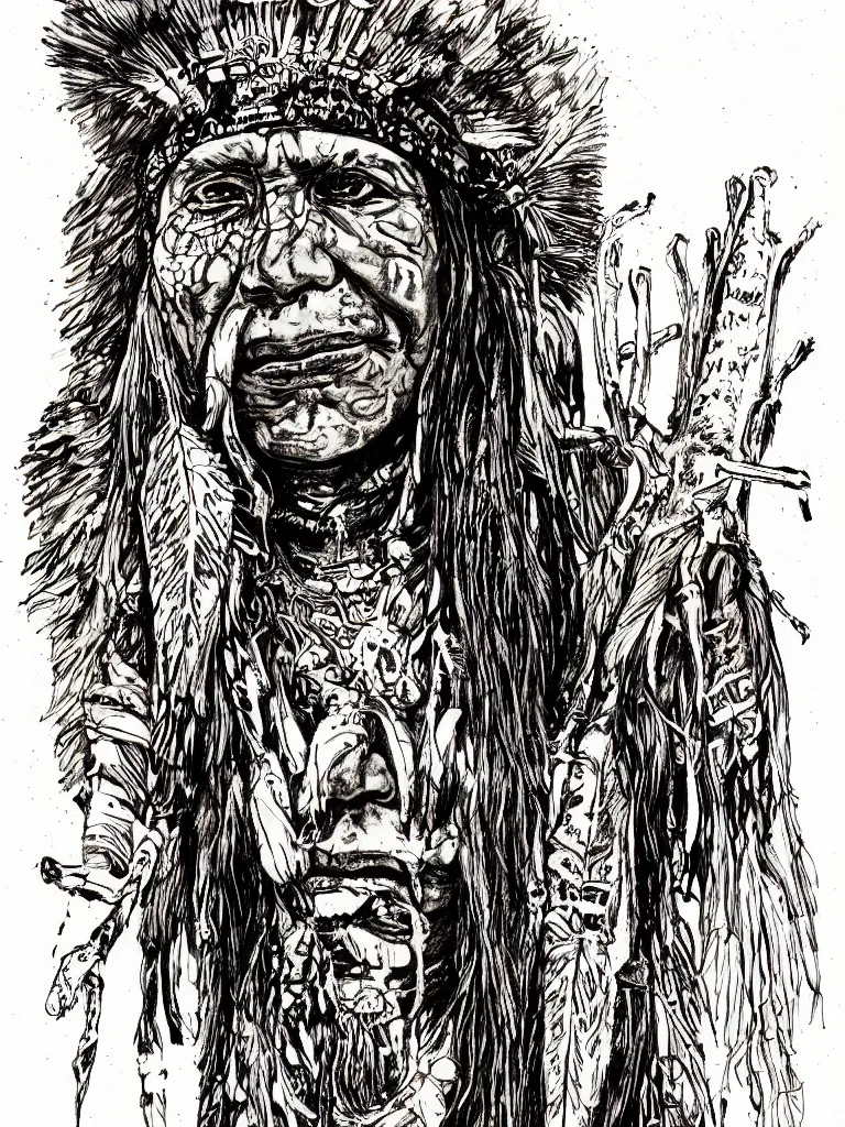 Prompt: a detailed loose wild messy ink sketch portrait of a Native American shaman wearing a bone breastplate in the style of Ralph Steadman, caricature, dramatic with desert colors
