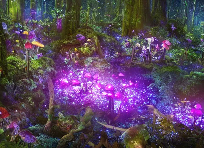 Image similar to glowing delicate flower and mushrooms that grow in a dark fatansy forest on the planet Pandora,