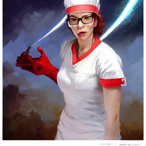 Prompt: an female nurse in a white dress and short sleeves, red hair, glasses, hobo gloves, hat, lighting strike backround, explosions, cloudy, digital painting, artstation, concept art, donato giancola, Joseph Christian Leyendecker, WLOP, Boris Vallejo, Breathtaking, 8k resolution, extremely detailed, beautiful, establishing shot, artistic, hyperrealistic, octane render, cinematic lighting, dramatic lighting, masterpiece, light brazen, extremely detailed and beautiful face, centered, smooth, sharp focus