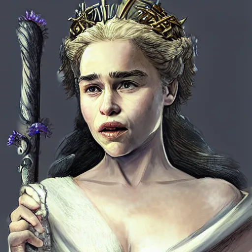 Image similar to Emilia Clarke as a Greek Goddess, Highly detailed, concept art